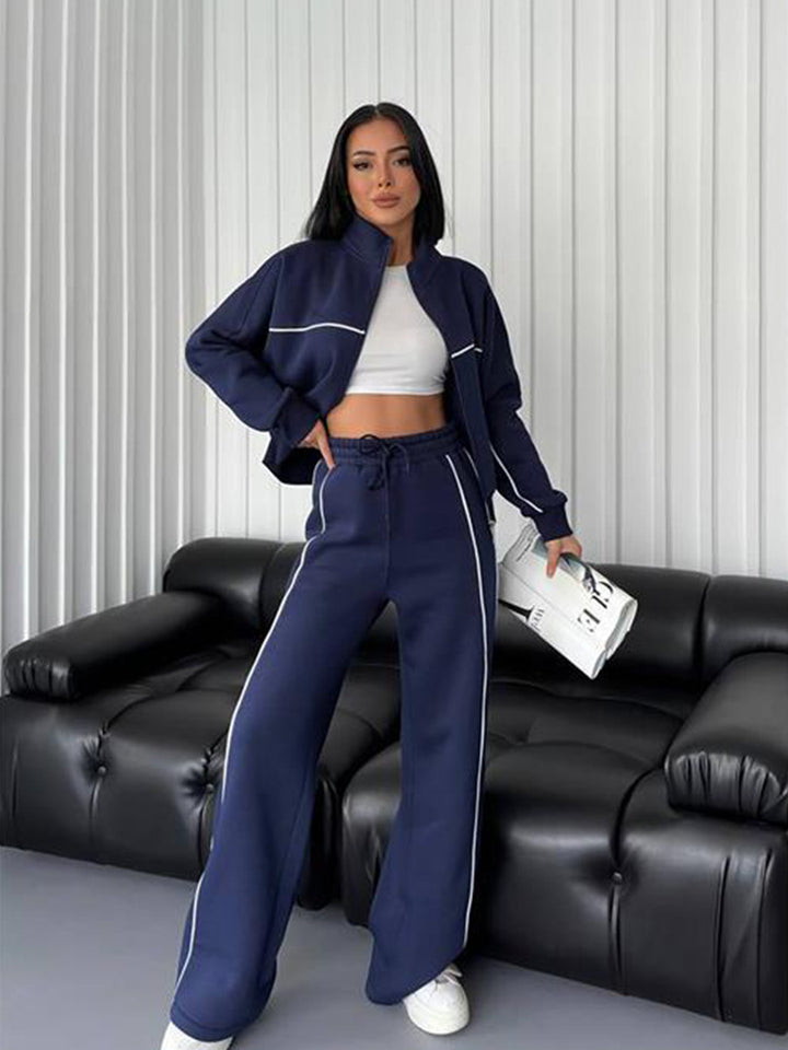 Damen nan Oversize Trainingsanzug Set mit Reißverschluss hohem Kragen und Kontrastpaspeln Drune