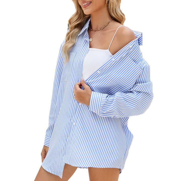 Damen lässiges Oversize-Hemd mit feinem Streifenmuster und Knopfdetails Drune