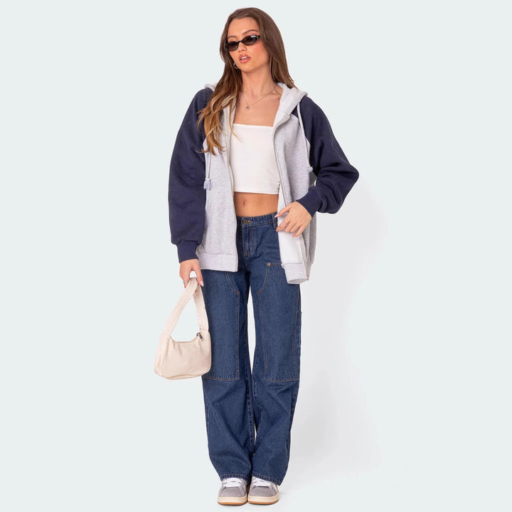 Damen Weit geschnittene Utility-Jeans mit praktischen Taschen und hohem Bund Drune