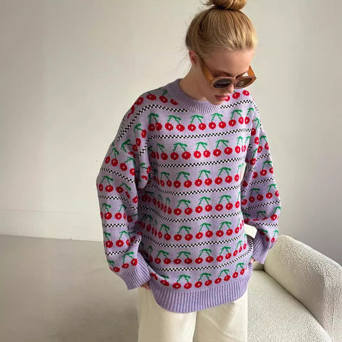 Damen Pullover mit fruchtigem Muster und bequemer Passform Drune