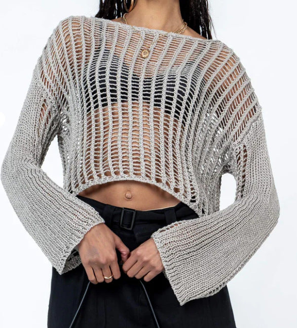 Damen luftiges Cropped Strickoberteil mit weit geschnittenen Ärmeln Drune
