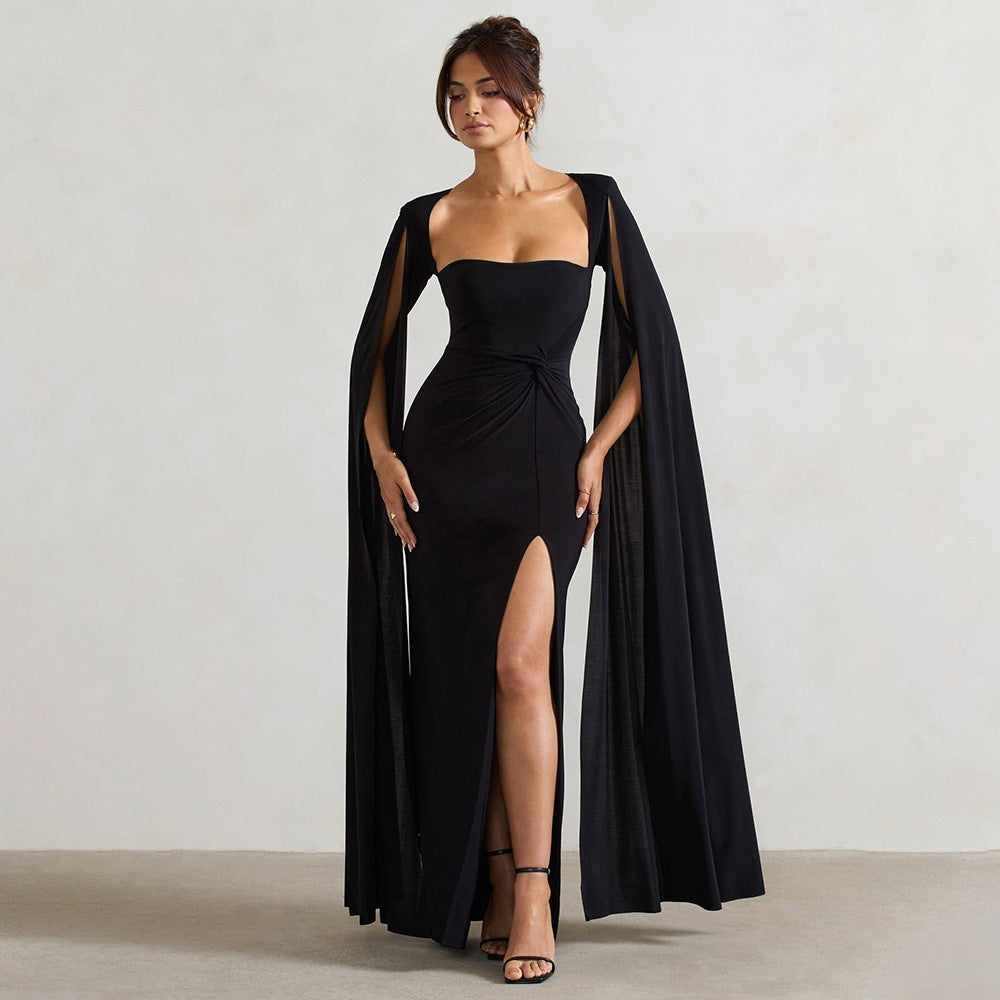 Damen Elegantes Maxikleid mit abnehmbarem Cape und seitlichem Schlitz Drune
