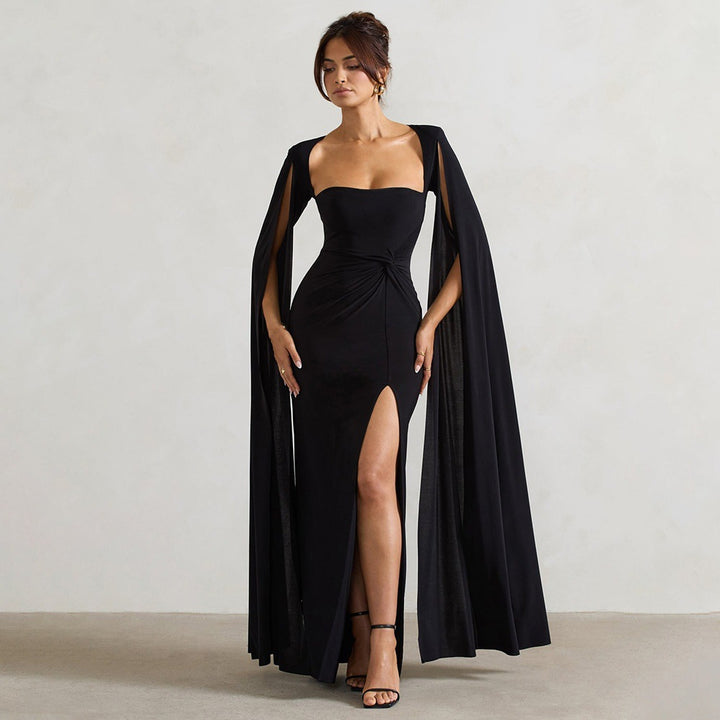 Damen Elegantes Maxikleid mit abnehmbarem Cape und seitlichem Schlitz Drune