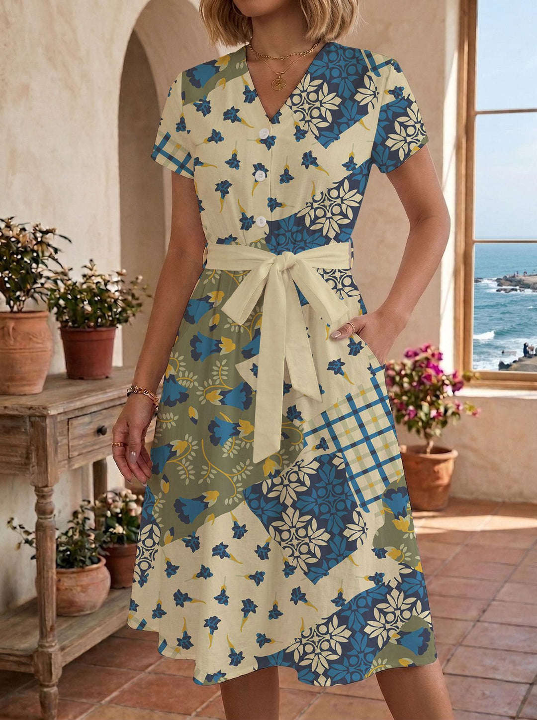 Damen Sommerliches Kleid mit taillierbarem Bindegürtel und floralem Muster Drune
