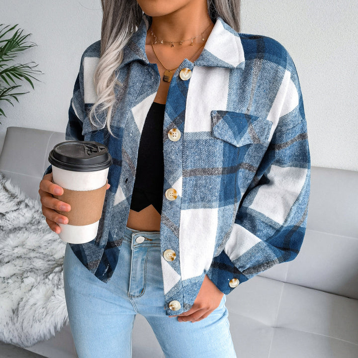Damen Karo Overshirt mit Druckknopfverschluss und Brusttaschen Drune