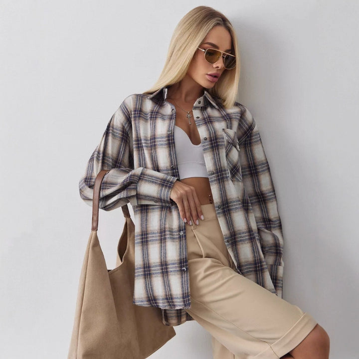 Damen oversized Karohemd mit Brusttasche und knöpfbarem Design Drune