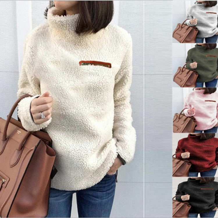 Damen nan kuscheliger Teddy-Fleecepullover mit Stehkragen und Brustreißverschluss Drune