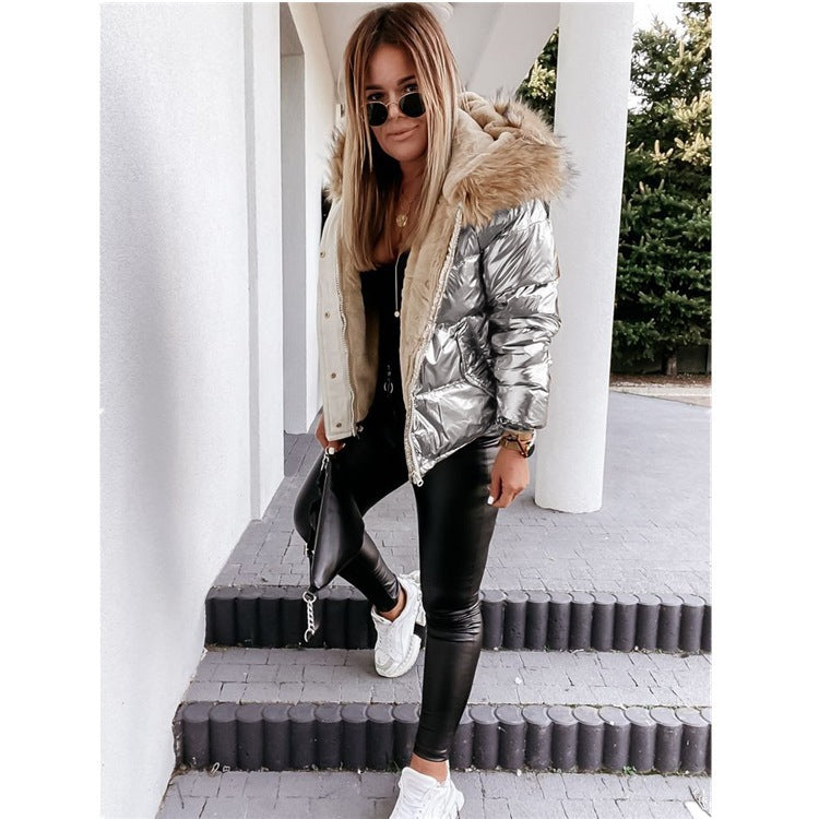 Damen Glänzende Winterjacke mit abnehmbarer Kapuze und Kunstfellkragen Drune