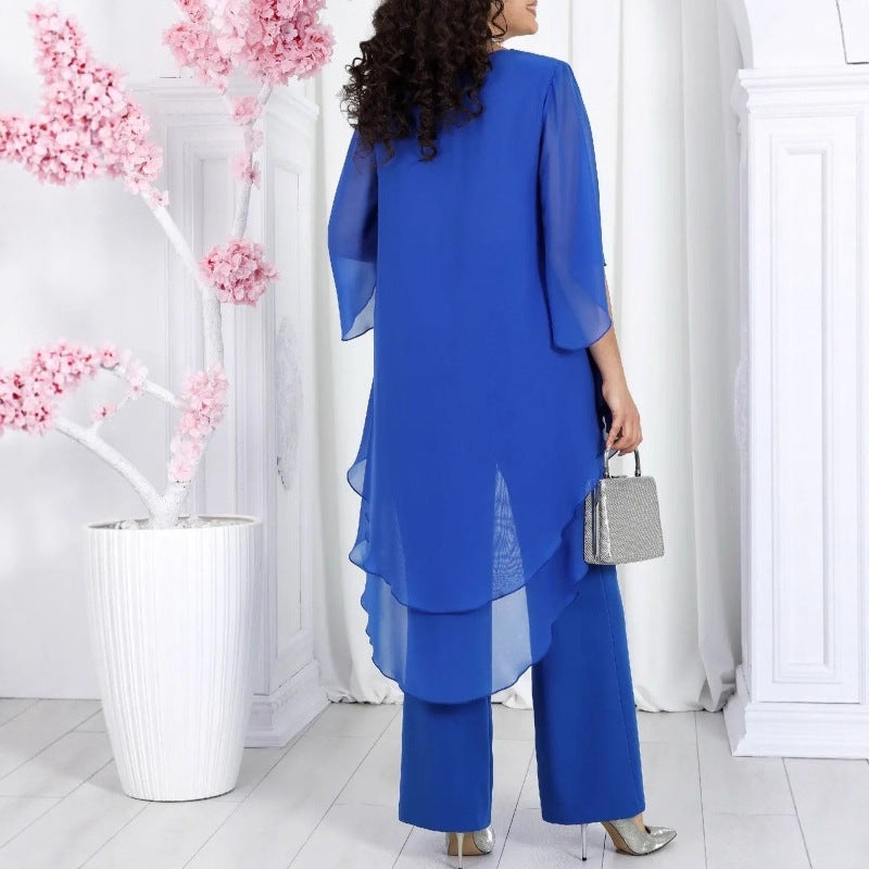 Damen Schicke Tunika mit Transparenter Überlagerung und Eleganten Pants Drune