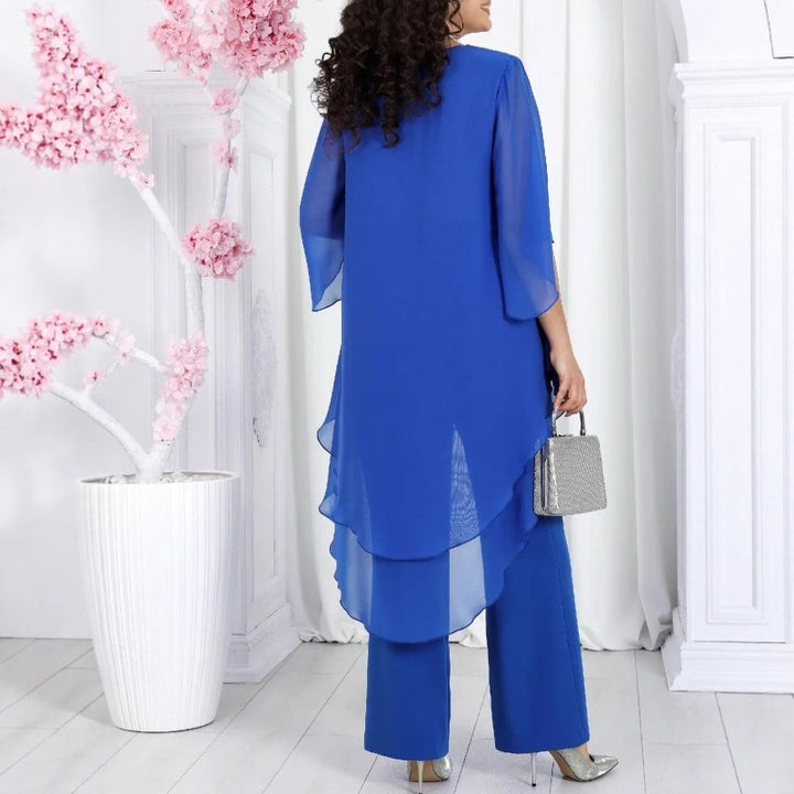Damen Schicke Tunika mit Transparenter Überlagerung und Eleganten Pants Drune