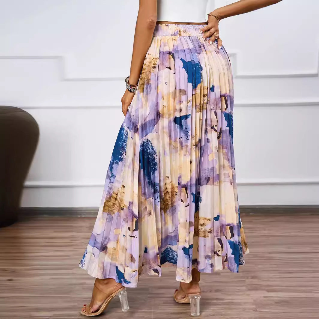 Damen Plissee-Rock mit farbenfrohem Aquarell-Muster und eleganter Taille Drune