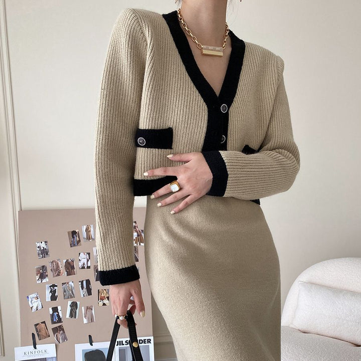 Damen modische Strickjacke mit Kontrastdetails und Taschen Drune
