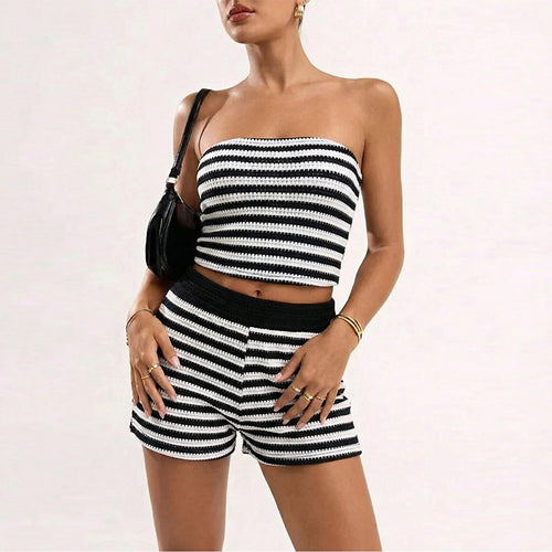 Damen Cropped Bikini-Set mit gestreiftem Design und hohem Bund Drune