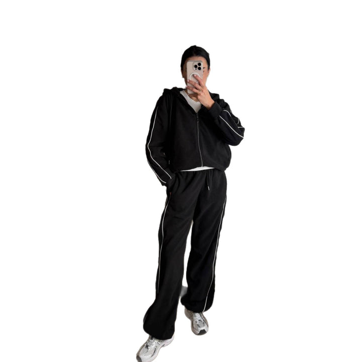 Damen modischer Fleece-Jogginganzug mit Reißverschluss und seitlichen Streifen Drune