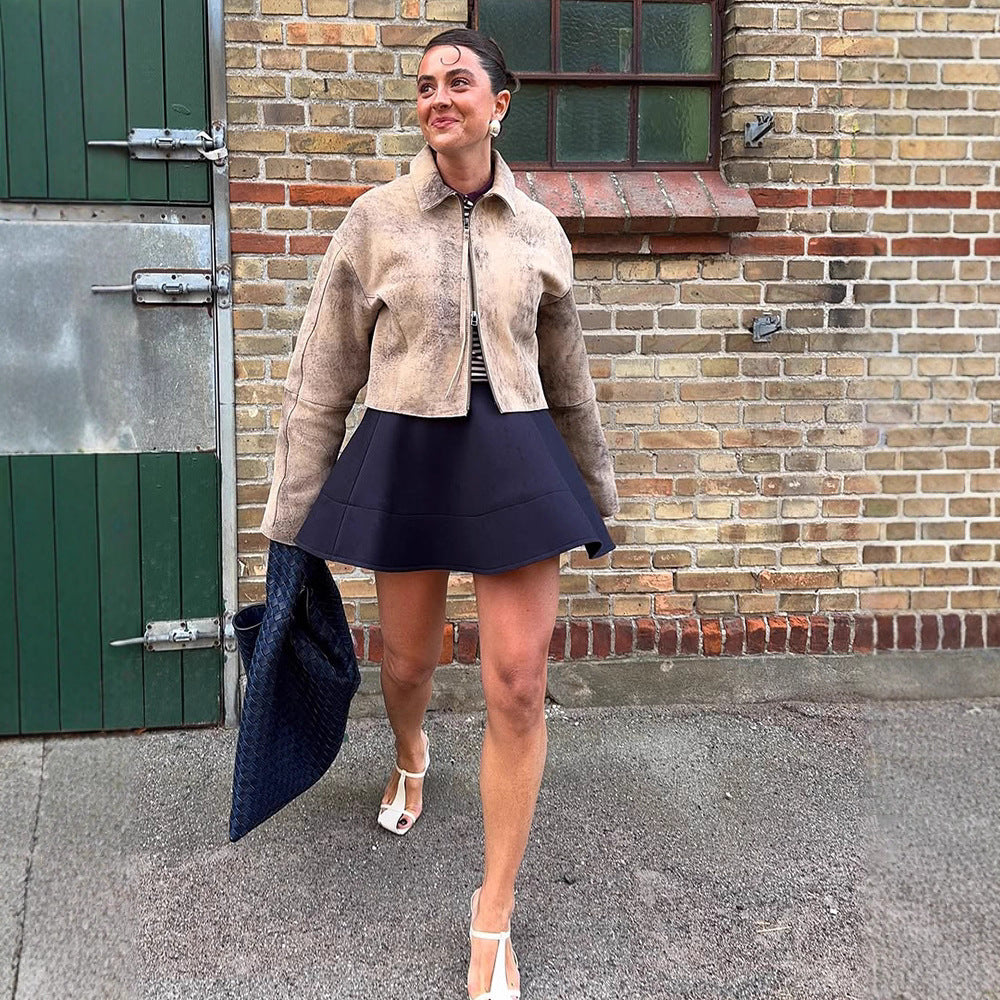 Damen modische Wildlederjacke mit voluminösen Ärmel Drune