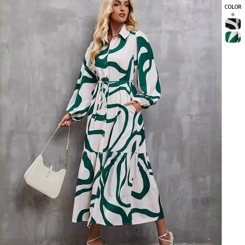 Damen Langarm Kleid mit raffiniertem Grafikdesign und elegantem Taillengürtel Drune