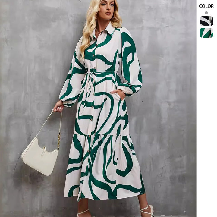 Damen Langarm Kleid mit raffiniertem Grafikdesign und elegantem Taillengürtel Drune