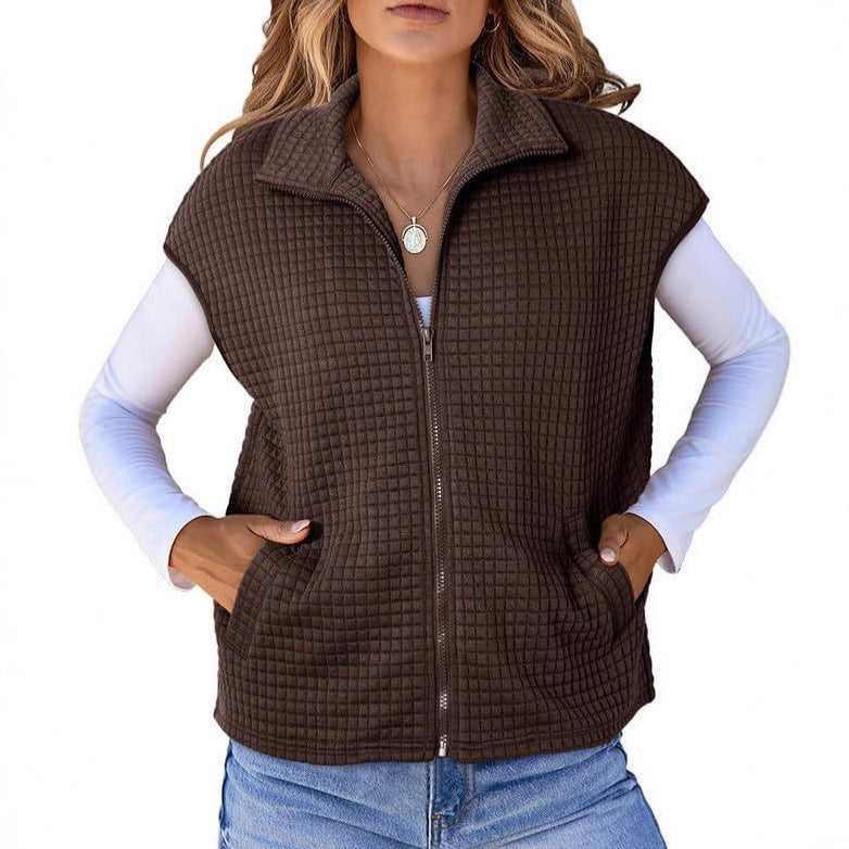 Damen Leichte Waffelstrick Weste mit Taschen und Stehkragen Drune