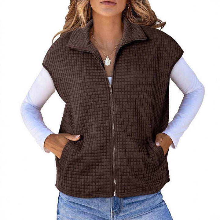 Damen Leichte Waffelstrick Weste mit Taschen und Stehkragen Drune