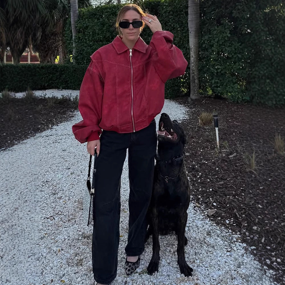 Damen Kunstlederjacke mit voluminösen Ärmeln und hohem Kragen Drune