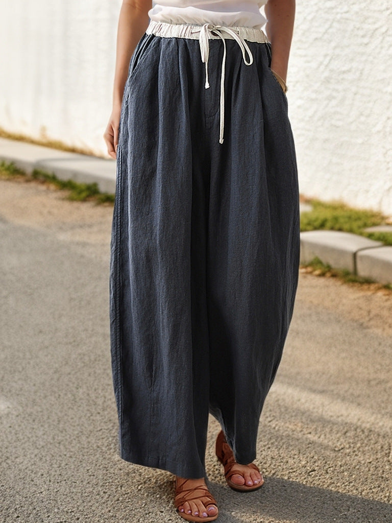 Damen Weite Leinenhose mit elastischem Bund und stylischem Kordelzug Drune