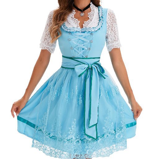 Damen nan kurzes Landhaus-Dirndl mit bestickter Tüllschürze, gerafftem Mieder und Puffärmeln Drune