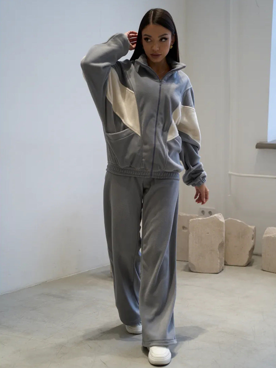 Damen sportliches Fleece-Set mit hochgeschlossenem Kragen und weiten Hosen Drune