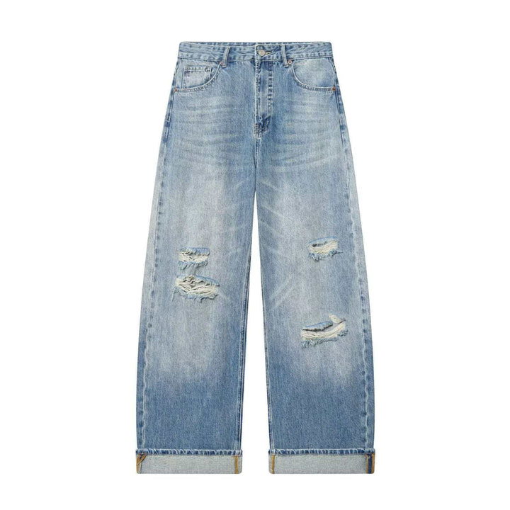 Damen nan weite High‑Waist Ripped Jeans mit Straight‑Leg, aufgekrempeltem Saum und klassischen Taschen Drune