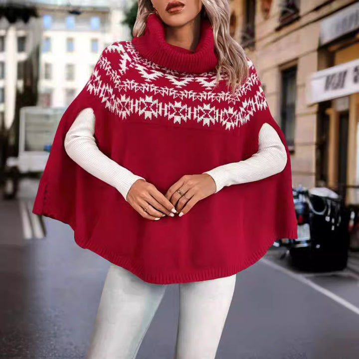 Damen Kapuzen-Strick-Cape mit festlichem Muster und hohem Kragen Drune