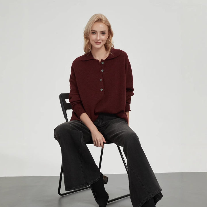 Damen Oversized Strickpullover mit elegantem Kragen und Knopfdetails Drune