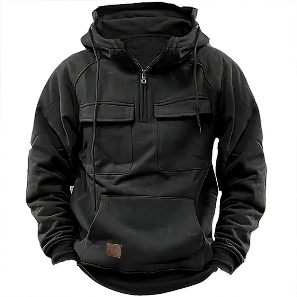 Herren lässiger Kapuzenpullover mit praktischen Taschen und Kunstlederdetails Drune