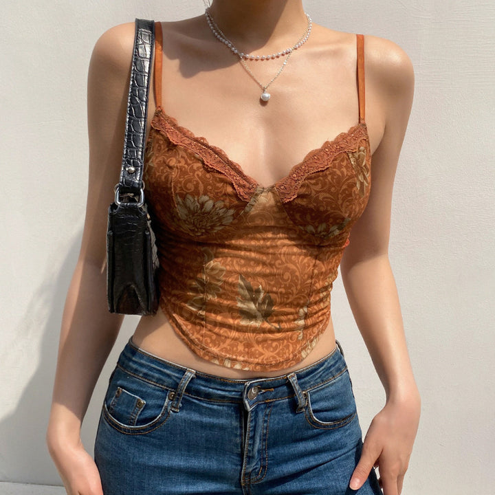 Damen Trägershirt mit Spitzenakzenten und floralem Design Drune