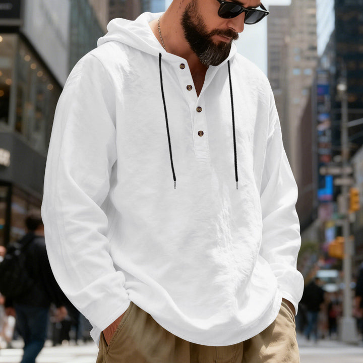 Herren nan legeres Henley-Kapuzenhemd mit Knopfleiste, Kordelzug und gerundetem Saum Drune