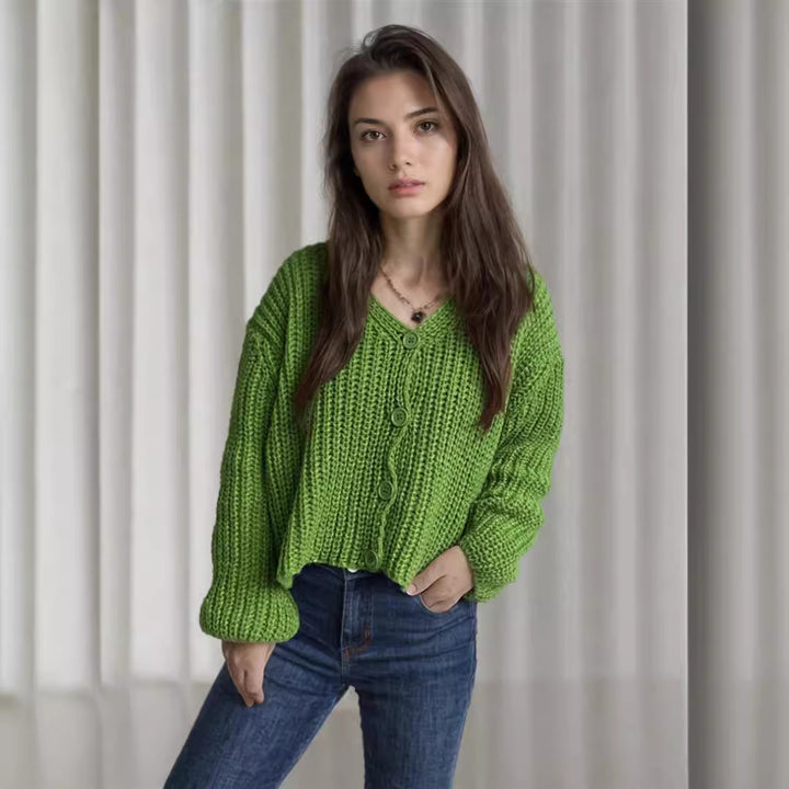 Damen cropped Strickjacke mit grober Maschenstruktur und großen Knöpfen Drune