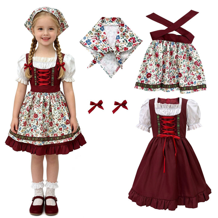 Damen nan traditionelles Kinderdirndl mit Schürze Haarband Spitzenbluse und Zierschnürung Drune