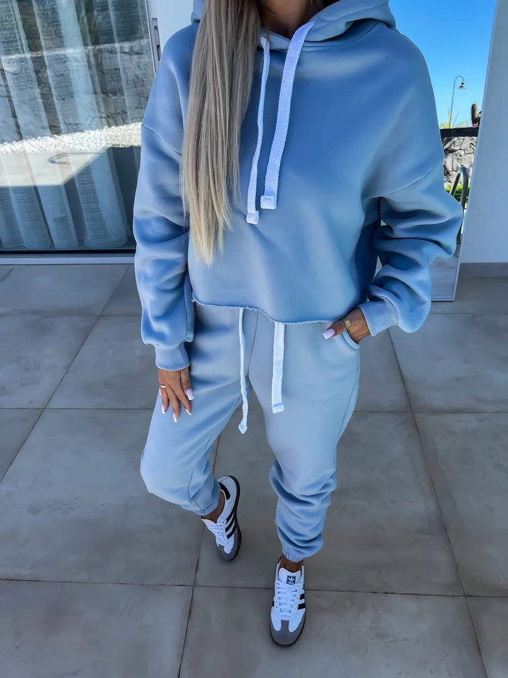 Damen bequemer Cropped Hoodie mit elastischem Bund und lässiger Jogginghose Set Drune