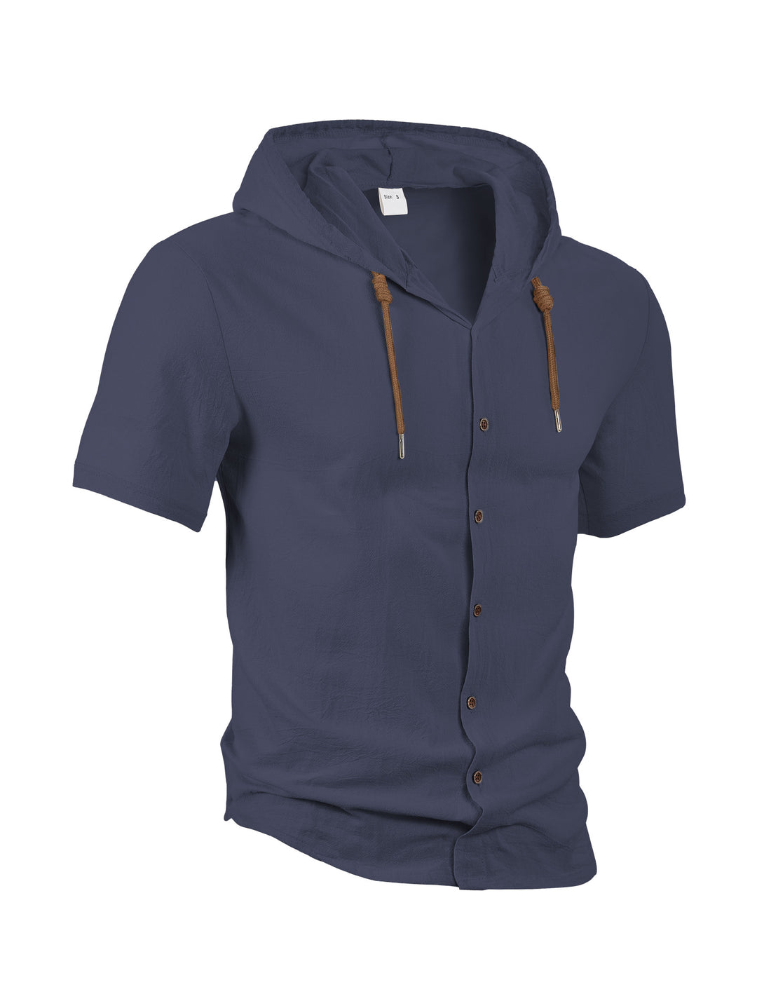 Herren nan tailliertes Kurzarm-Kapuzenshirt in Struktur-Leinenoptik mit Holzoptikknöpfen und Kordel Drune