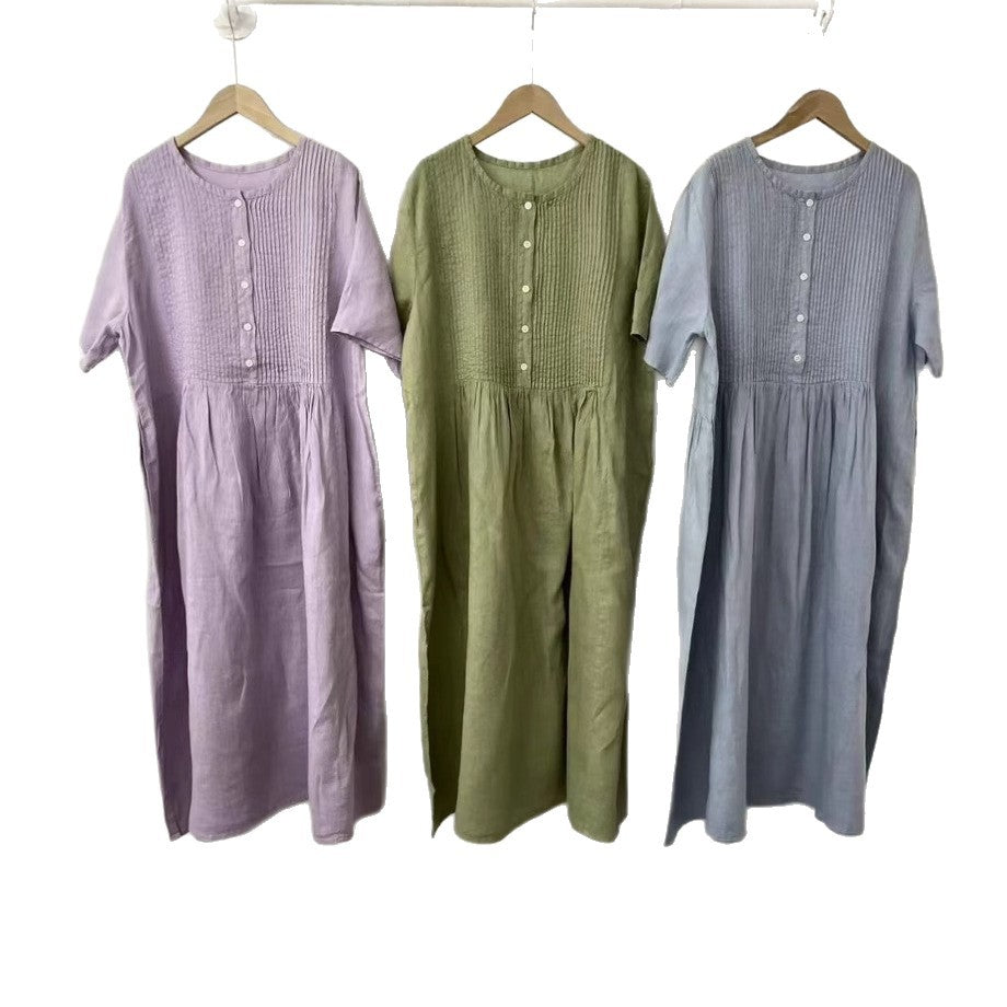 Damen Casual Knopf-Baumwollkleid Drune