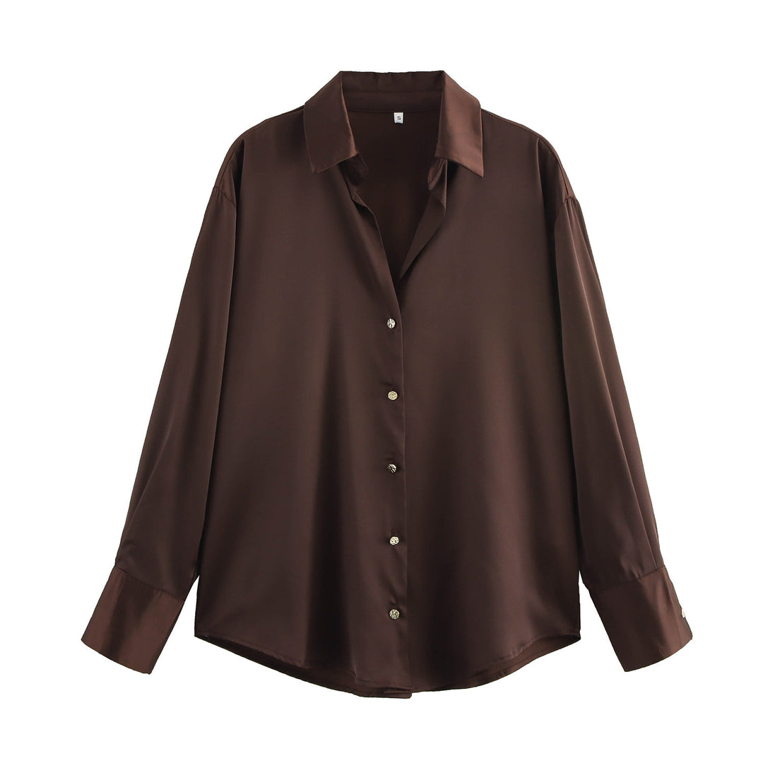 Damen nan oversized Satinbluse mit Hemdkragen, verlängerten Manschetten und abgerundetem Saum Drune