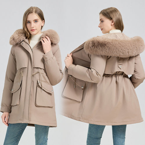 Damen Modische Pufferjacke mit abnehmbarem Kunstpelzkragen und funktionalen Taschen Drune