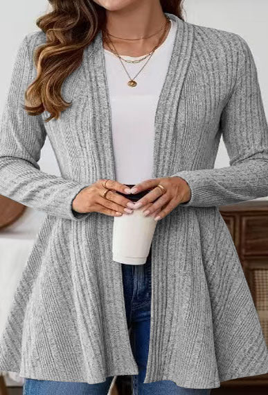 Damen lange Strickjacke mit modernem Rippdesign und Taillierung Drune