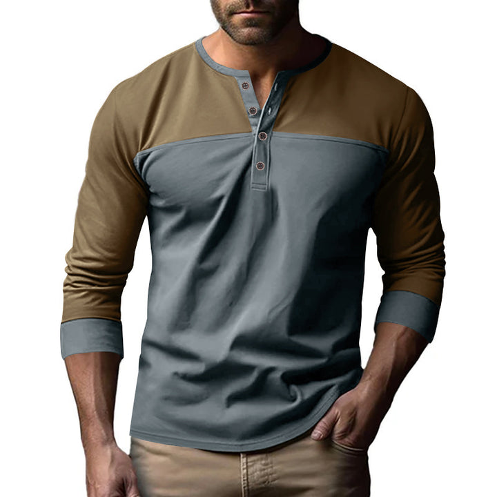 Herren nan zweifarbiges Langarmshirt im Henley-Stil mit Schulterpasse, kurzer Knopfleiste und Rippbündchen Drune