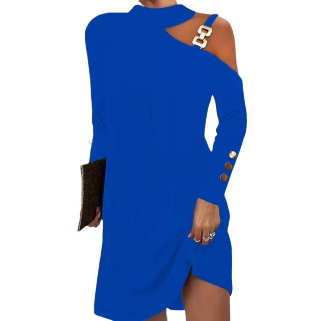 Damen nan asymmetrisches Minikleid mit Stehkragen, Cut-Out-Schulter und Zierkettenträger Drune