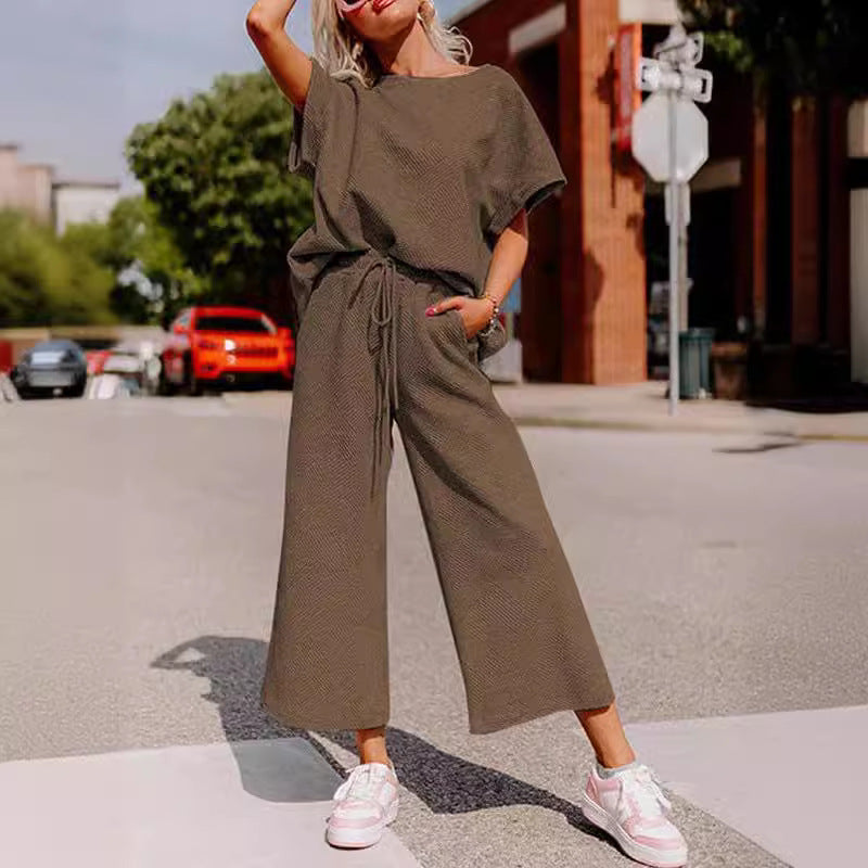 Damen lässiges Jumpsuit-Set aus weichem Material mit elastischem Bund und weit geschnittenen Beinen Drune