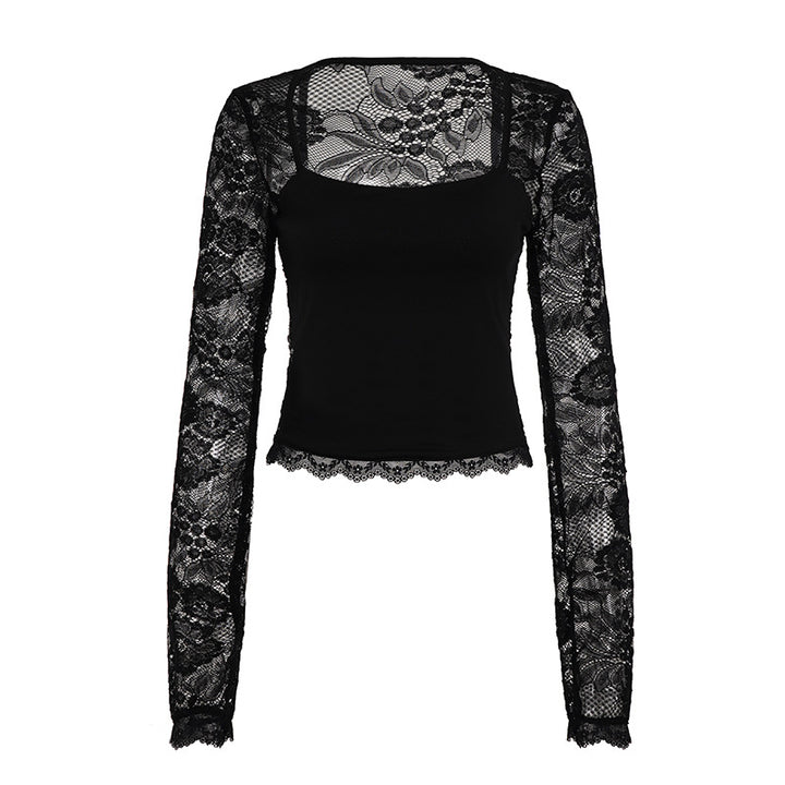 Damen elegantes Spitzenoberteil mit langen Ärmeln Drune