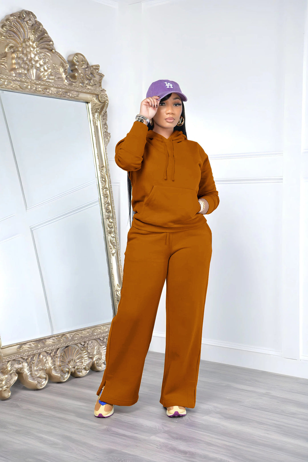 Damen nan Relax-Loungewear-Set mit weitem Highwaist-Palazzo-Jogger, Kapuzenpullover mit Kängurutasche und seitlichem Saumschlitz Drune