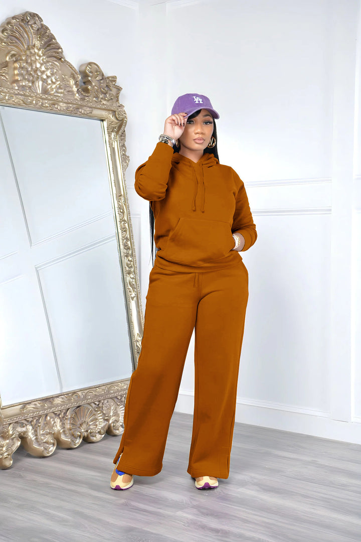 Damen nan Relax-Loungewear-Set mit weitem Highwaist-Palazzo-Jogger, Kapuzenpullover mit Kängurutasche und seitlichem Saumschlitz Drune