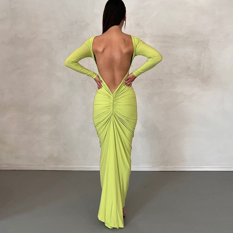 Damen Elegantes figurbetontes Maxikleid mit langen Ärmeln und Rundhalsausschnitt Drune