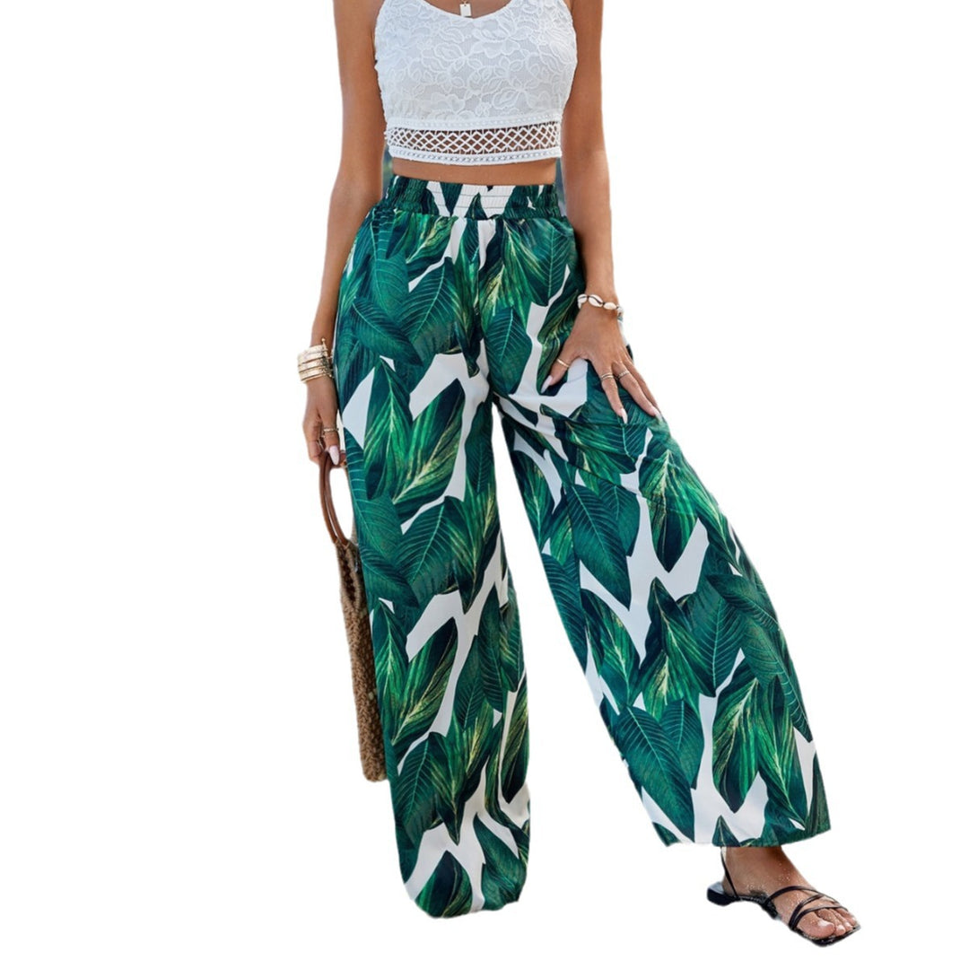 Damen weite Strandhose mit tropischem Blattmuster und elastischem Bund Drune