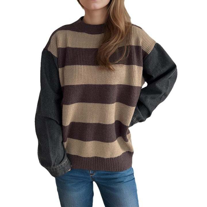 Damen lässiger Strickpullover mit auffälligem Blockstreifenmuster und weiten Ärmeln Drune